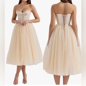 NEW HOUSE OF CB Darling Strapless Tulle Midi Vintage Cream Dress SZ XL